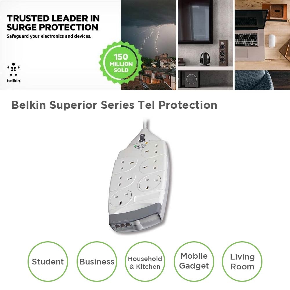 Belkin F9S620SA4M 6 Way Superior Series Surge Protector | Tel Protection | CEW RM10,000 | 45,000 Amp Max Spike Current | 4M