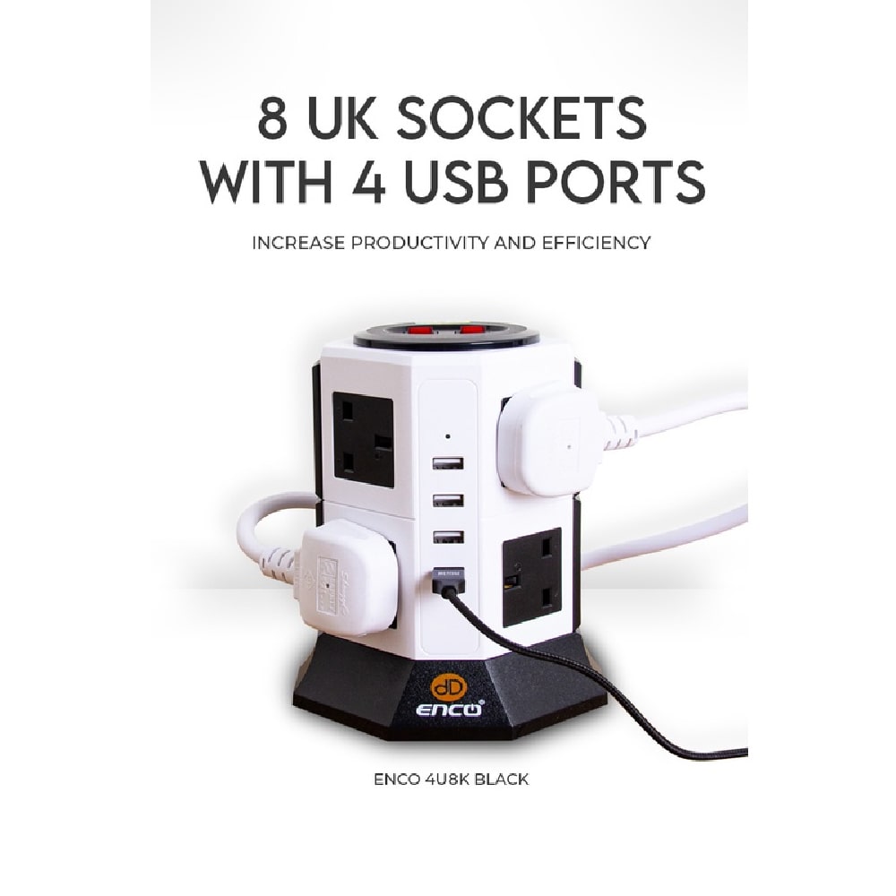 ENCO 8 UK Plug and 4 USB Ports Power Extension Tower