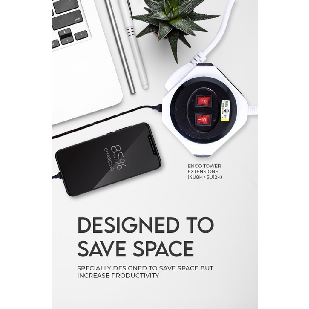 ENCO 8 UK Plug and 4 USB Ports Power Extension Tower