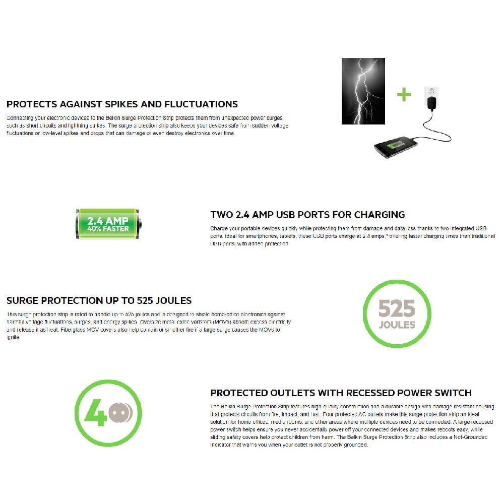 Belkin BSV401sa2M 4 Outlets 2M Surge Protection Strip with 2 USB Ports