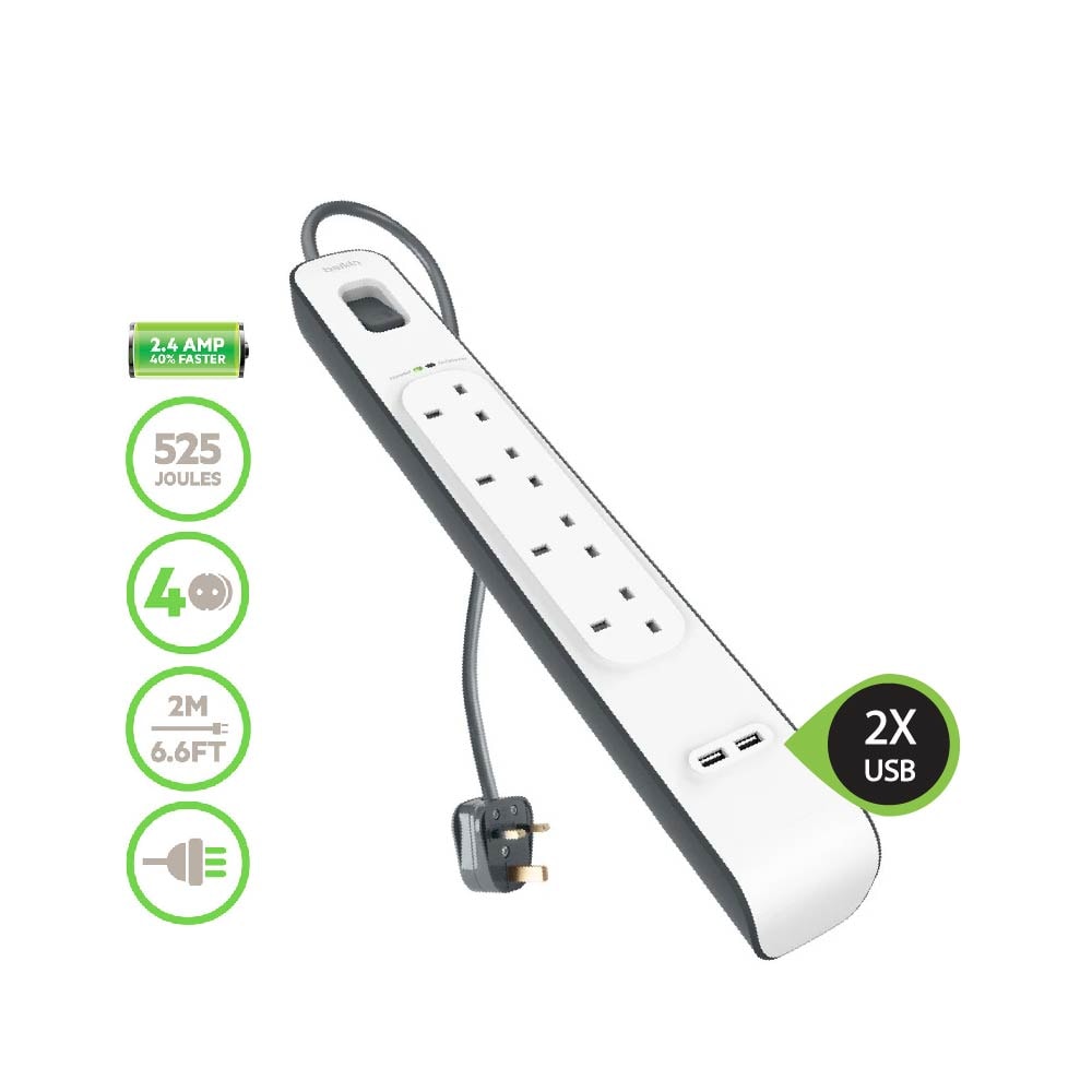 Belkin BSV401sa2M 4 Outlets 2M Surge Protection Strip with 2 USB