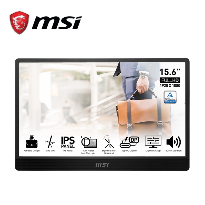 MSI Pro MP161 15.6" Ultra Slim Portable Monitor | 60Hz | 1920x1080 (FHD) | IPS panel | 4ms(GTG) | Two Speaker | Mini-HDMI & Type-C | 0.75kg | Sleeve in Box | 3Y Warranty