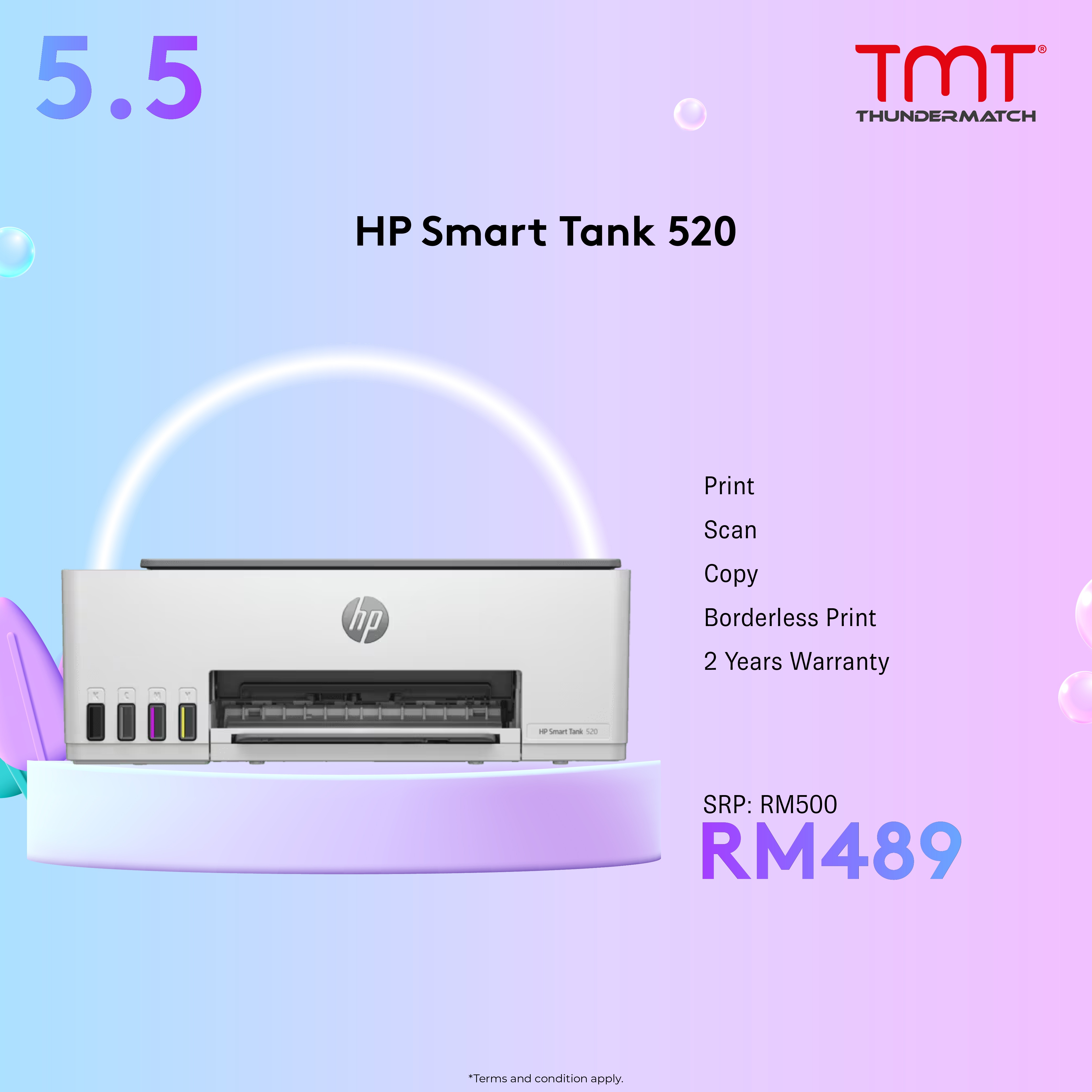 HP Smart Tank 520 | Print&Scan&Copy | 12ppm(BK),5ppm(CLR) | Borderless Print | 1200x1200 dpi | 3K Pages Monthly Duty | Support Win Only |2Y Warranty