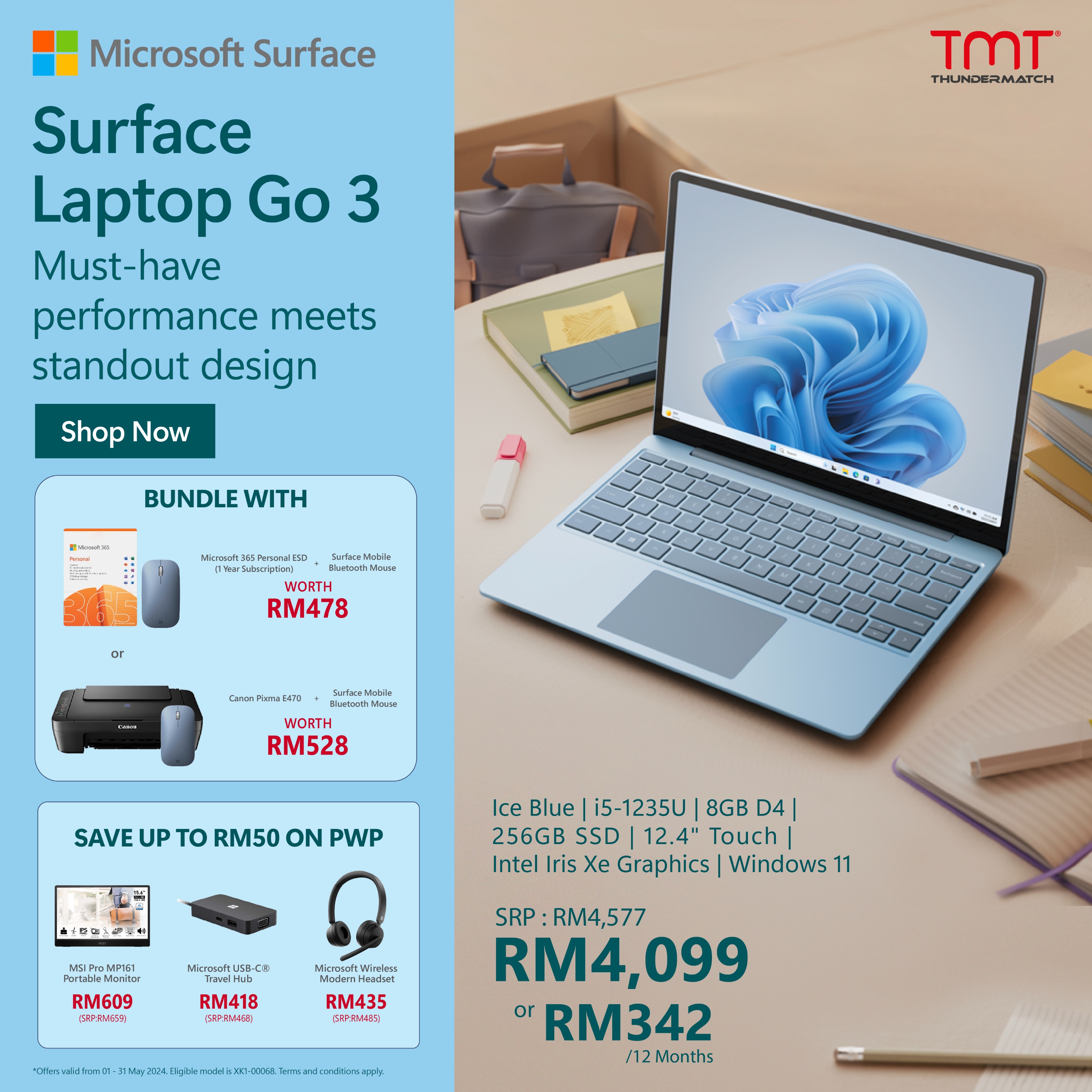Microsoft Surface Laptop GO 3 (Ice Blue) | i5-1235U | 8/16GB RAM 256GB SSD | 12.4" (Touch) | Intel Iris Xe Graphics | 1Y Warranty