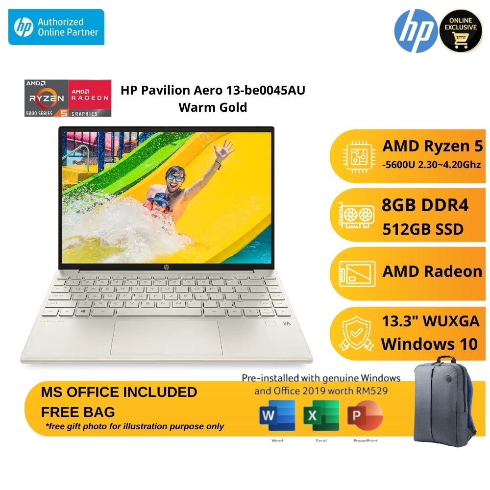 HP Pavilion Aero 13-be0045AU Gold Laptop 484K0PA | Ryzen 5-5600U | 8GB RAM 512GB SSD | 13.3" WUXGA | W10 | MS OFFICE+BAG