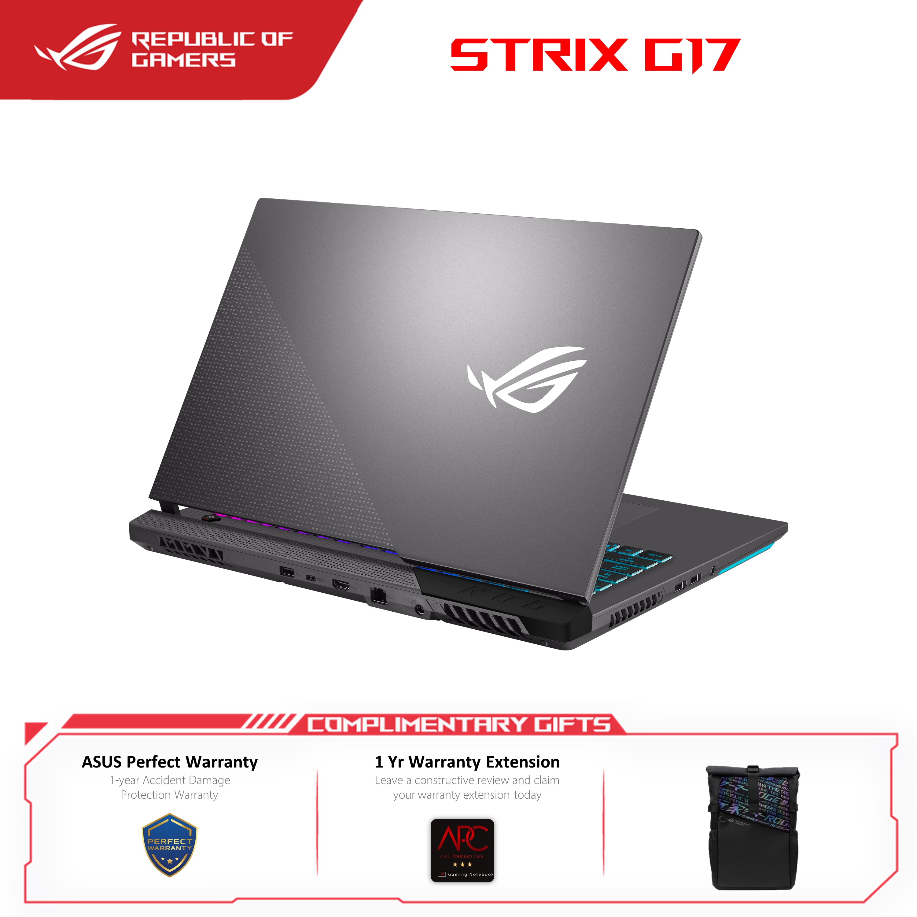 ASUS ROG Strix G713R-WKH158W (Eclipse Gray) | Ryzen 7-6800H | 16GB RAM 1TB SSD | 17.3'FHD (360Hz) | RTX3070Ti 8GB | Win11 | 2Y Warranty (ROG backpack + Impact Gaming Mouse)