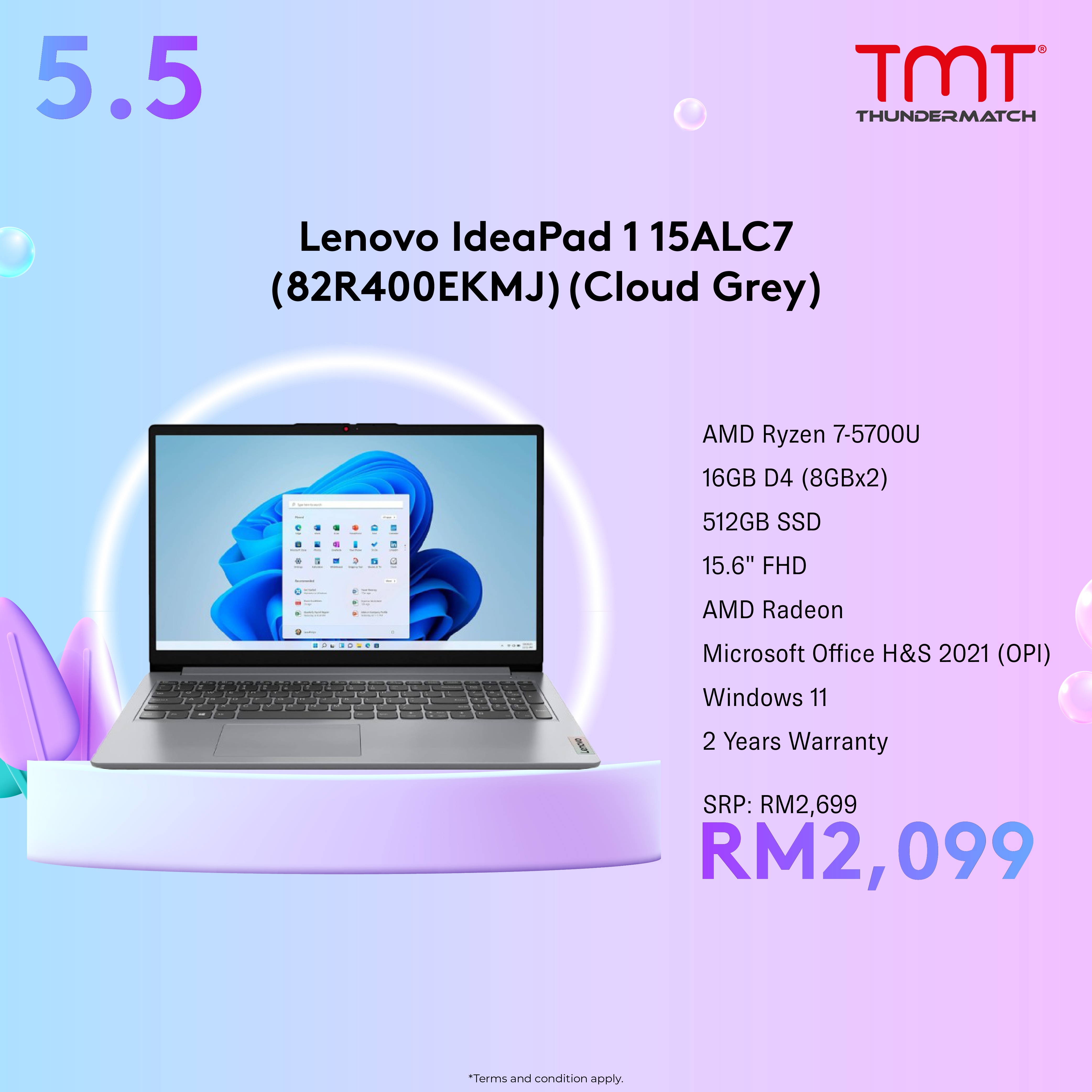 Lenovo IdeaPad 1 15ALC7 Laptop (82R400EKMJ) | AMD Ryzen 7-5700U | 16GB RAM 512GB SSD | 15.6" FHD(1920x1080) | AMD Radeon | MS Office H&S 2021 | Wind11 | 2Y Warranty