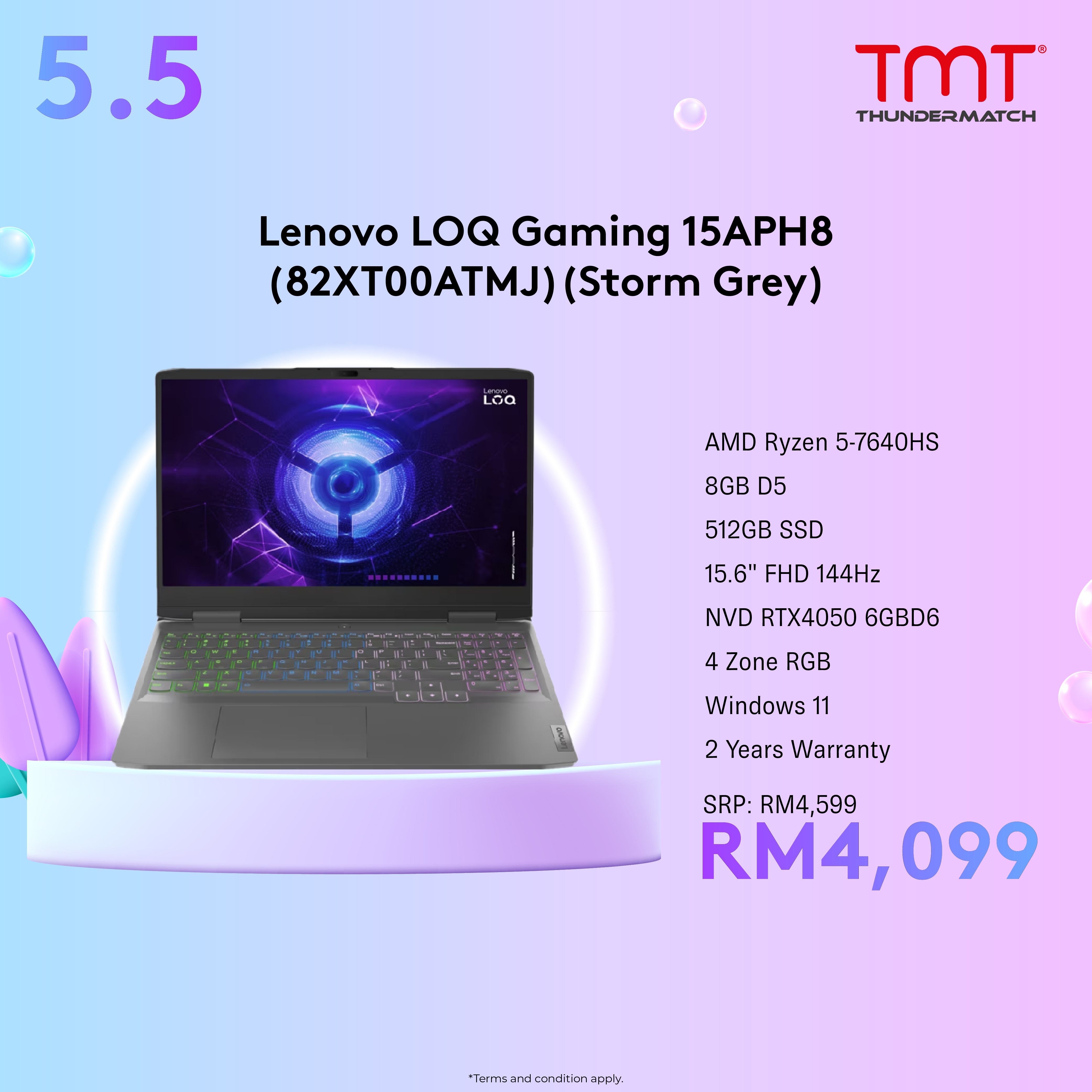 Lenovo LOQ Gaming 15APH8 Gaming Laptop (82XT00ATMJ) | AMD Ryzen 5 7640HS | 8GB RAM 512GB SSD | 15.6" FHD(1920x1080) 144Hz | RTX4050 6GB | Win11| 2Y Warranty