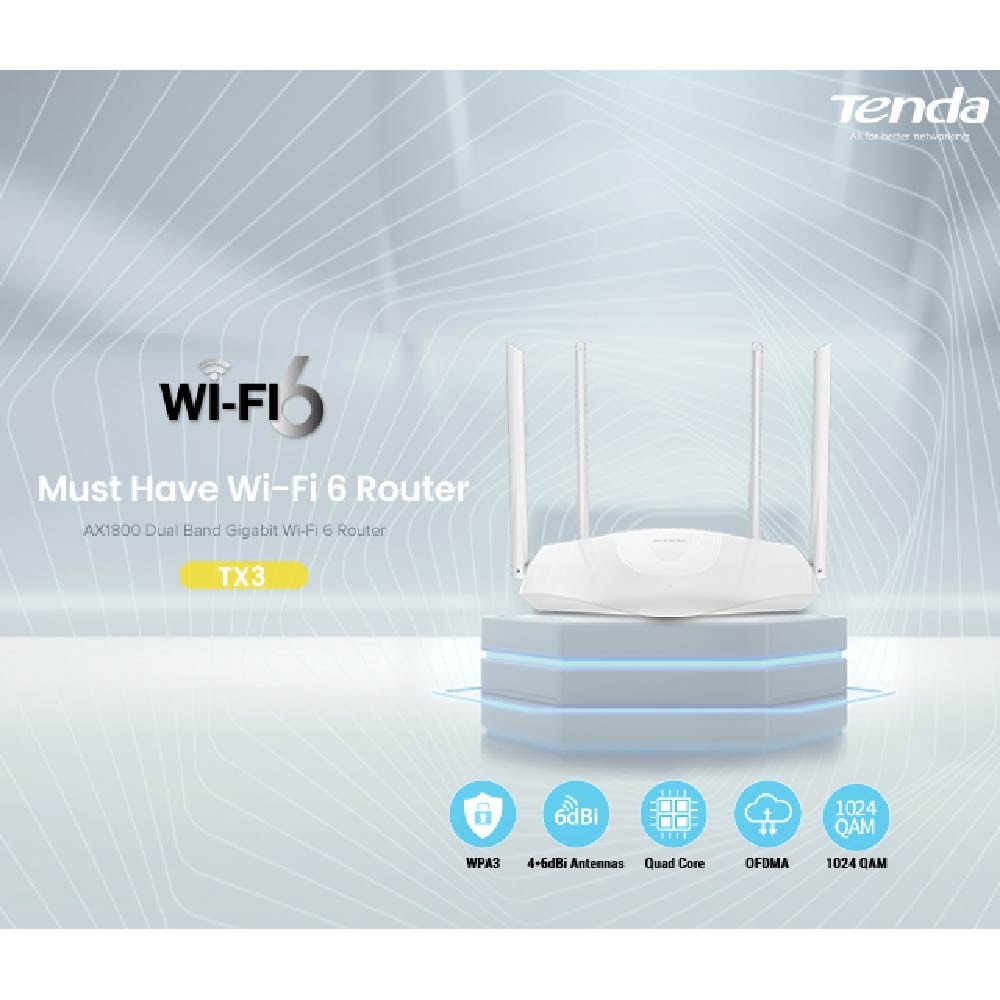 Tenda TX3 WIFI 6 AX1800 Dual Band Gigabit Quad-core Router