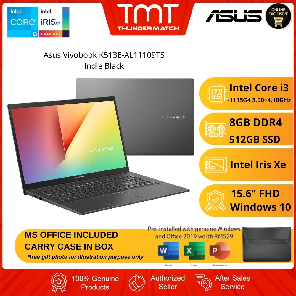 Asus Vivobook K513E-AL11109TS Indie Black Laptop | i3-1115G4 | 8GB RAM 512GB SSD | 15.6" FHD | W10 | MS OFFICE + CASE