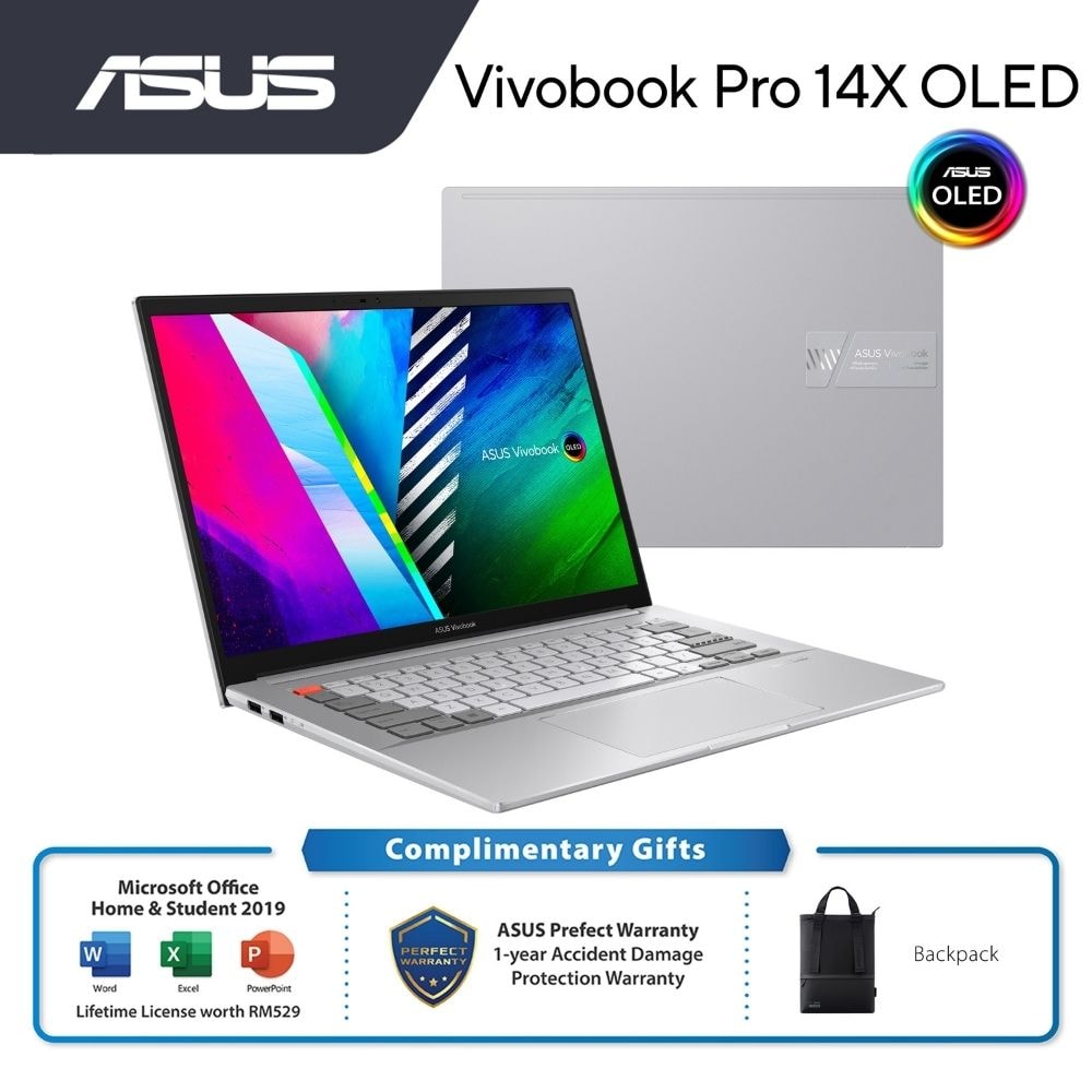 Asus Vivobook Pro X OLED N7400P-CKM018TS Cool Silver Laptop | i5-11300H | 16GB RAM 512GB SSD | 14" FHD OLED | RTX 3050 | W10 | MS OFFICE+CARRY CASE