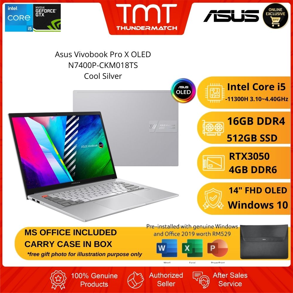 Asus Vivobook Pro X OLED N7400P-CKM018TS Cool Silver Laptop | i5-11300H | 16GB RAM 512GB SSD | 14" FHD OLED | RTX 3050 | W10 | MS OFFICE+CARRY CASE