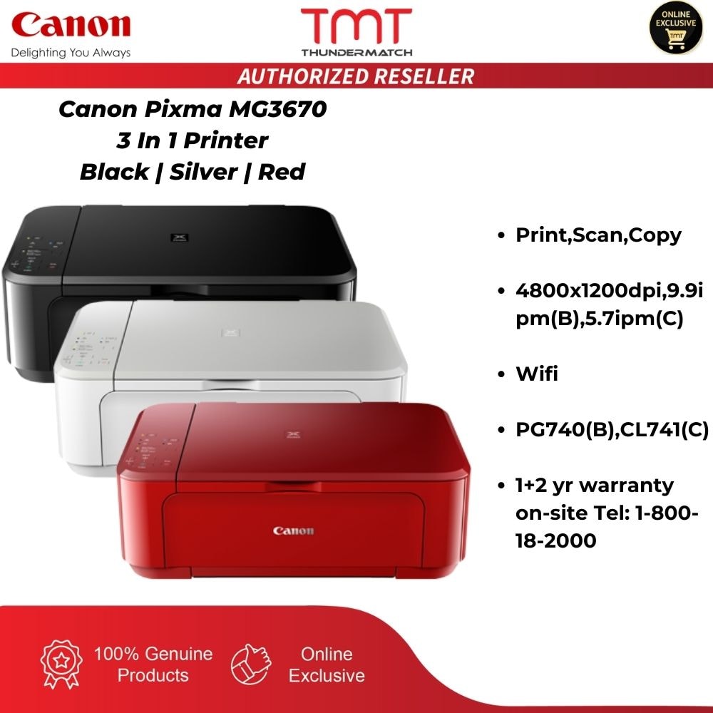 [CLEARANCE] Canon Pixma MG3670 3 In 1 Printer | Wifi | Print,Scan,Copy | PG740(B),CL741(C) | 1+2 yr warranty on-site Tel: 1-800-18-2000
