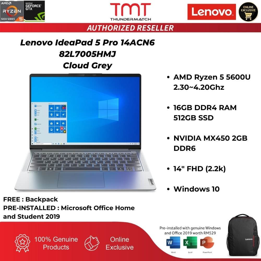 Lenovo IdeaPad 5 Pro 14ACN6 82L7005HMJ Laptop | Ryzen 5 5600U | 16GB RAM 512GB SSD | 14" | MX450 | W10 | MS OFFICE+BAG