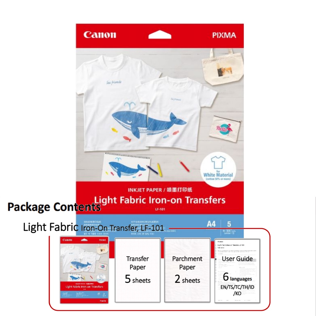 [Clearance] Canon LF-101 A4 (5 PCS) Light Fabric Iron-On Transfers (125gsm/0.15mm) For White Fabric