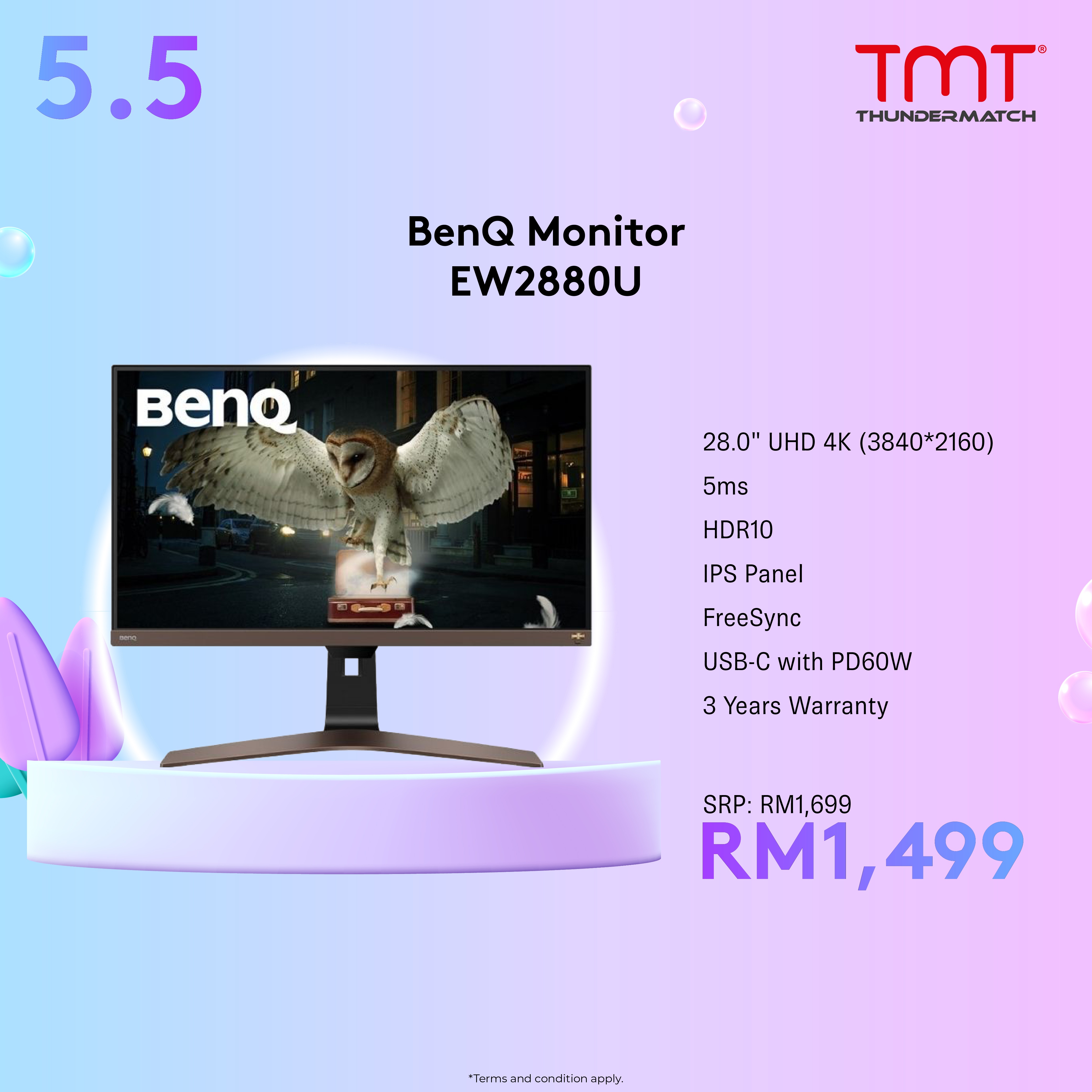 BenQ Monitor EW2880U UHD 4K HDR 28" | 5ms | IPS Panel/HDR10 | HDMI*2/DP/USB-C | VESA/SPK/FreeSync | 3 Years Onsite Warranty