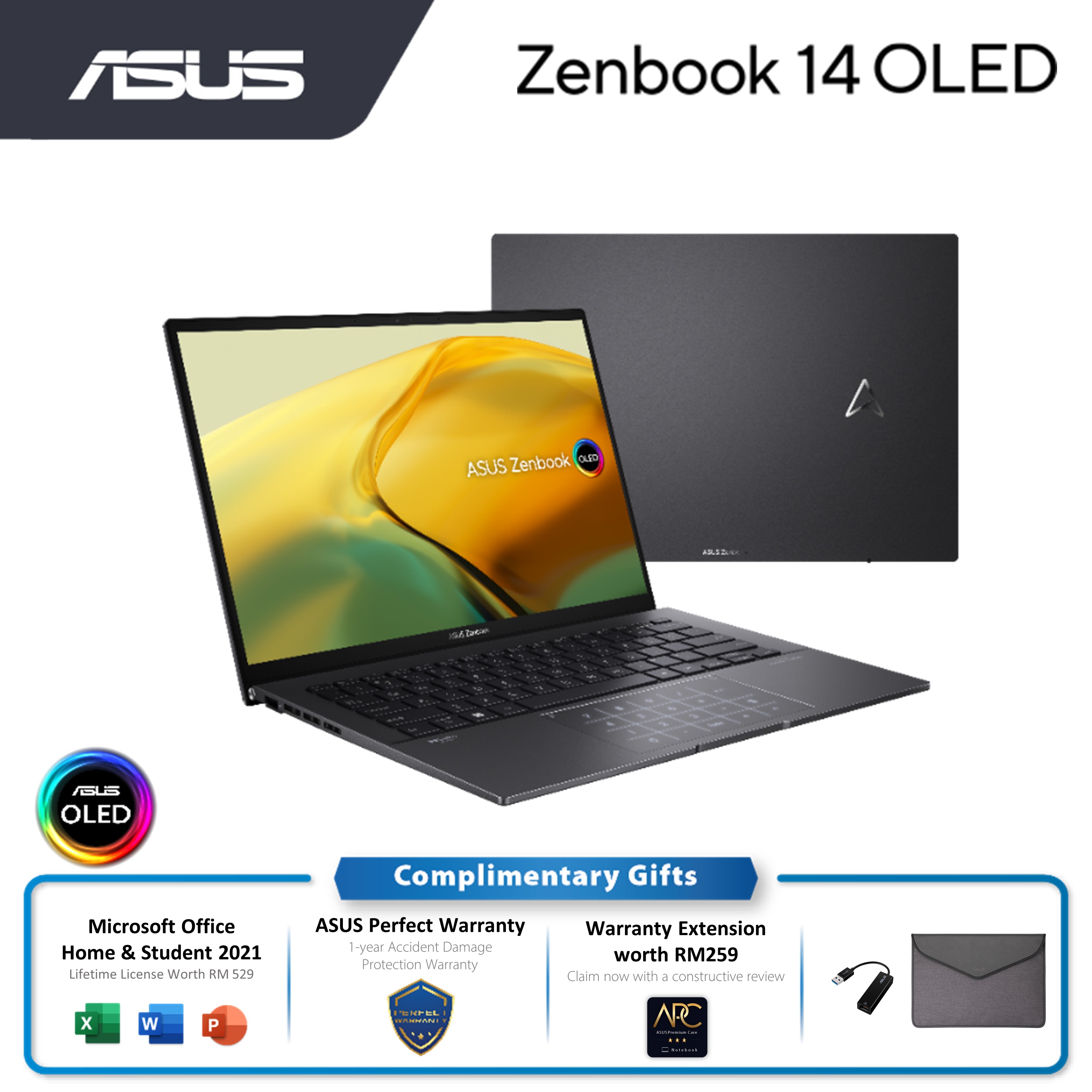 Asus ZenBook 14 UM3402Y-AKM263WS Laptop |AMD Ryzen 5-5625U | 16GB RAM 512GB SSD | 14" 2.8K OLED | MS Office H&S 2021 | Win11| 2Y Warranty