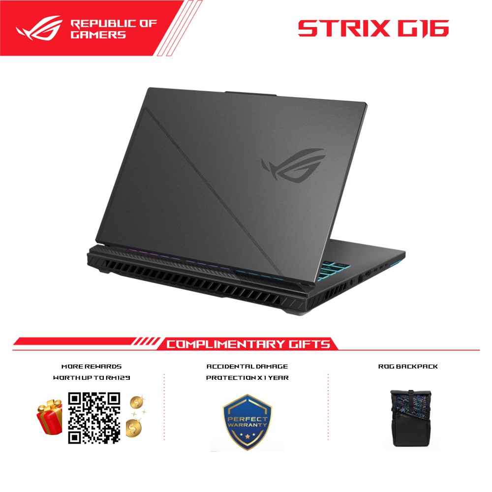 ASUS ROG Strix G16 (2023) G614J-IN3121W Gaming Laptop (Eclipse Gray) | i7-13650HX | 16GB RAM 1TB SSD | RTX4070 8GB GDDR6 | 16''FHD+ 165Hz | Win11 | 2Y Warranty (ROG backpack + Type C 100W adapter)