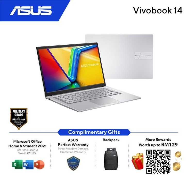 ASUS VivoBook A1404V-AAM171WS Laptop (Transparent Silver) | i7-1355U | 8GB RAM(Upgradable) | 512GB SSD | 14''FHD | Intel Share | MS Office H&S 2021 | Win11 | 2Y Warranty
