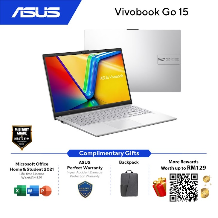 ASUS VivoBook Go 15 E1504F-ABQ469WS/ABQ470WS/ABQ471WS Laptop (Silver/Green/Black) | AMD Ryzen 5-7520U | 16GB RAM 512GB SSD | 15.6''FHD | AMD Radeon | MS Office H&S 2021 | Win11 | 2Y Warranty