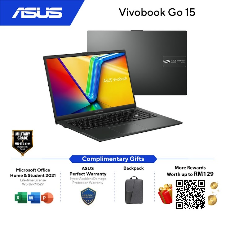 ASUS VivoBook Go E1504F-ANJ870WS/ANJ872WS Laptop (Mixed Black/Green Grey) | AMD Ryzen 3-7320U | 8GB RAM 512GB SSD | 15.6''FHD | AMD Radeon | MS Office H&S 2021 | Win11 | 2Y Warranty