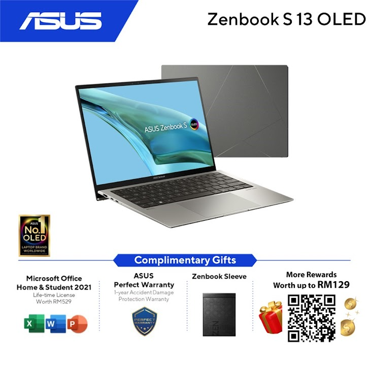 ASUS Zenbook S 13 OLED UX5304V-ANQ195WS/ANQ197WS Laptop (Basalt Grey/Ponder Blue) | i7-1355U | 16GBRAM 1TB SSD | 13.3'' 2.8K 60Hz | Intel Iris XE | MS Office H&S 2021 | Win11 | 2Y Warranty