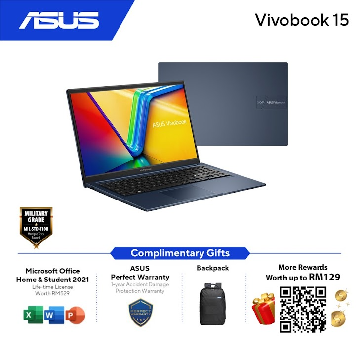 Asus VivoBook A1504V-ABQ350WS/ABQ352WS/ABQ353WS Laptop | i5-1335U | 8GB RAM(Upgradable) | 512GB SSD | 15.6''FHD | Intel Iris Xe | MS Office H&S 2021 | Win11 | 2Y Warranty