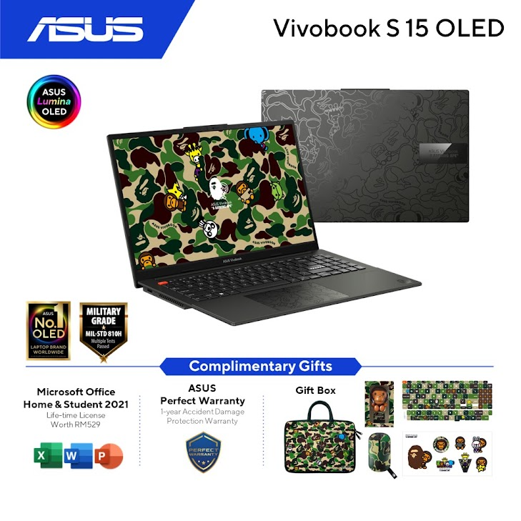 (LIMITED EDITION) Asus VivoBook S K5504V-AMA257WS BAPE Edition Laptop (Midnight Black) | Intel Core i9-13900H | 16GB RAM 1TB SSD | Intel Iris Xe | 15.6'' 2.8K OLED (120Hz) | Microsoft Office H&S 2021 | Win11 | 2Y Warranty