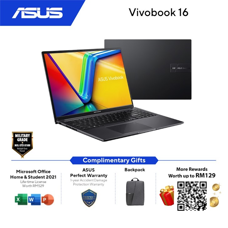 Asus VivoBook M1605Y-AMB423WS/AMB424WS (Indie Black/Cool Silver) | AMD Ryzen 7-7730U | 16GB RAM 512GB SSD | 16.0"WUXGA | AMD Share | MS Office H&S | Win11 | 2Y Warranty
