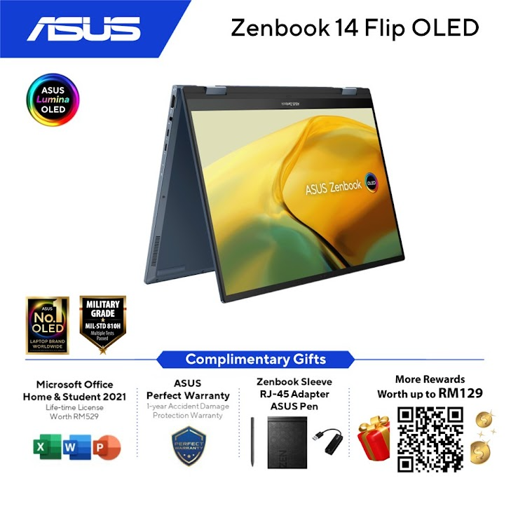 Asus Zenbook 14 Flip OLED UP3404V-AKN182WS Laptop (Ponder Blue) | Intel EVO Core i7-1360P | 16GB RAM 512GB SSD | 14.0" 2.8K (2880 x 1800) OLED TouchScreen | Intel Iris Xe | MS Office H&S 2021 | Win11 | 2Y Warranty (Sleeve+Asus Pen+USB-A to RJ45 Lan)