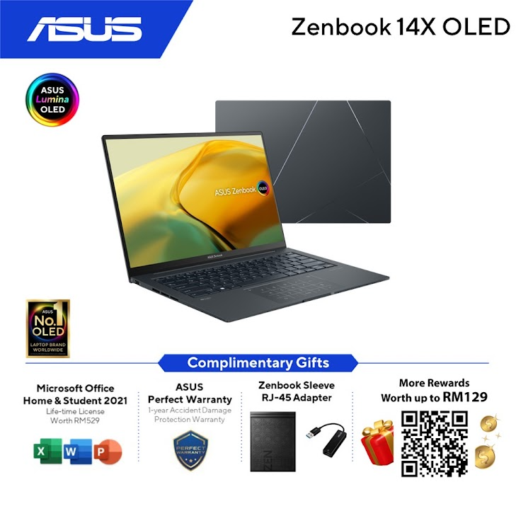Asus Zenbook 14X OLED UX3404V-CM9087WS/CM9088WS (Inkwell Grey/Sandstone Beige) | i9-13900H | 32GB RAM 1TB SSD | RTX3050 4GB | 14.5" OLED WQXGA (120Hz) | MS Office H&S 2021 | Win 11 | 2Y Warranty