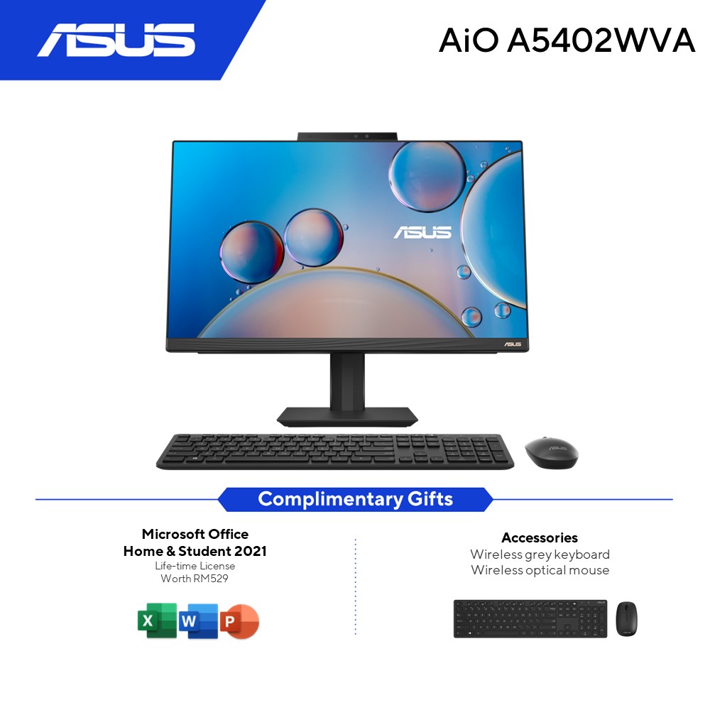 ASUS VIVO A5402WV-AKBA101WS All in One Desktop (Black) | i5-1340P | 8GB RAM 512GB SSD | 23.8''FHD Screen | Pivot & Adjustable Stand | MS Office H&S 2021 | Win11 | 3Y Warranty (Free Wireless Keyboard+Mouse)