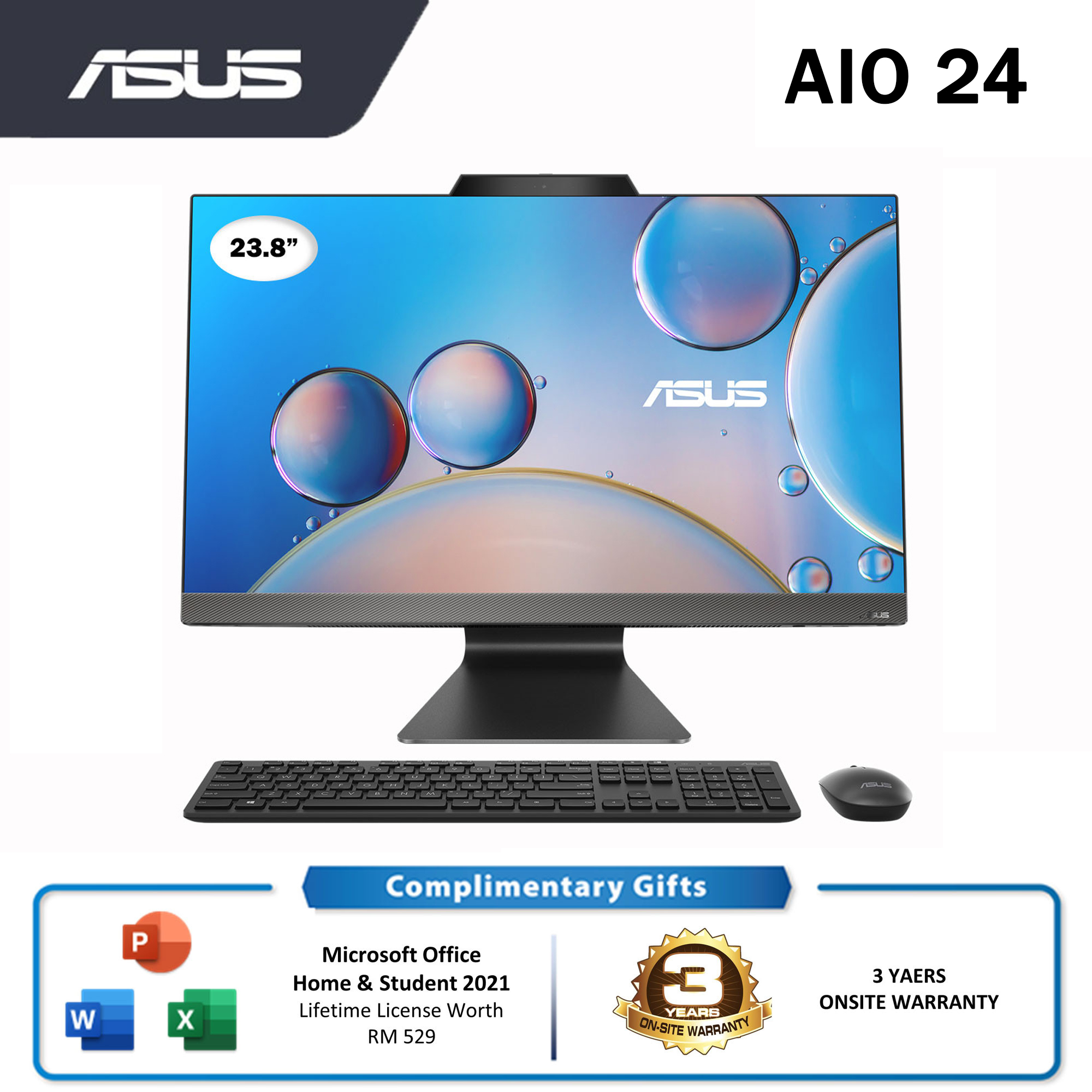 Asus Vivo PC M3402WF-AKBA008WS All in One (Black) | AMD Ryzen 3-7320U | 8GB RAM 512GB SSD | AMD Share | 23.8''FHD | MS Office H&S | Win11 | 3Y Warranty (Wireless Keyboard+ Mouse)