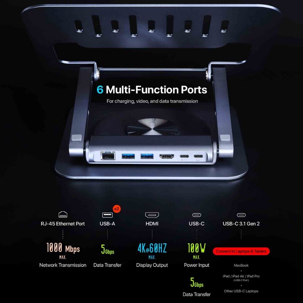 ADAM elements CASA Hub Stand Pro 6in1 Multiport Laptop Stand Hub for M2/M1 Mac, iPad & Laptop Series- USB-C Host, USB-A x2, USB-C PD 100W , HDMI, RJ45