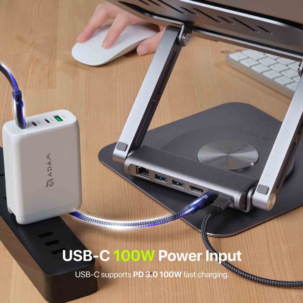 ADAM elements CASA Hub Stand Pro 6in1 Multiport Laptop Stand Hub for M2/M1 Mac, iPad & Laptop Series- USB-C Host, USB-A x2, USB-C PD 100W , HDMI, RJ45