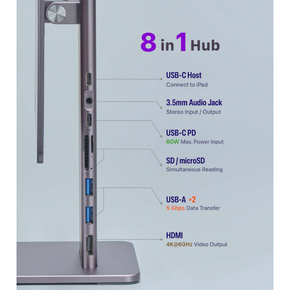 ADAM elements Mag M Pro Magnetic 8-in-1 iPad Stand Hub 11/USB 3.1 x2/HDMI 4K 60Hz/USB-C PD 60W input/SD 3.0/MicroSD 3.0/AUX