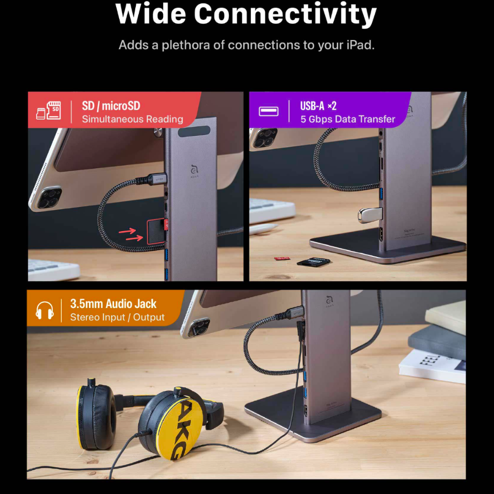ADAM elements Mag M Pro Magnetic 8-in-1 iPad Stand Hub 11/USB 3.1 x2/HDMI 4K 60Hz/USB-C PD 60W input/SD 3.0/MicroSD 3.0/AUX