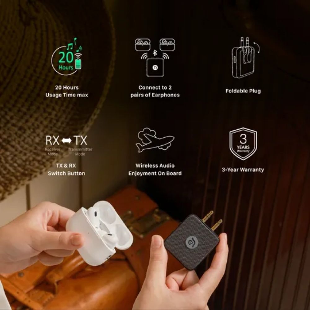 ADAM ELEMENTS EVE II Bluetooth Transmitter + Receiver - Wireless Audio Adapter w/Foldable Dual 3.5 mm AUX Plug for Nintendo Switch, TV, Home/Car Stereo, Airline in-Flight Systems