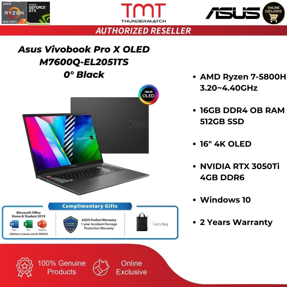 Asus Vivobook Pro X OLED M7600Q-EL2051TS Laptop | Ryzen 7-5800H | 16GB RAM 512GB SSD | 16" 4K OLED | RTX 3050Ti | W10 | MS OFFICE + CASE