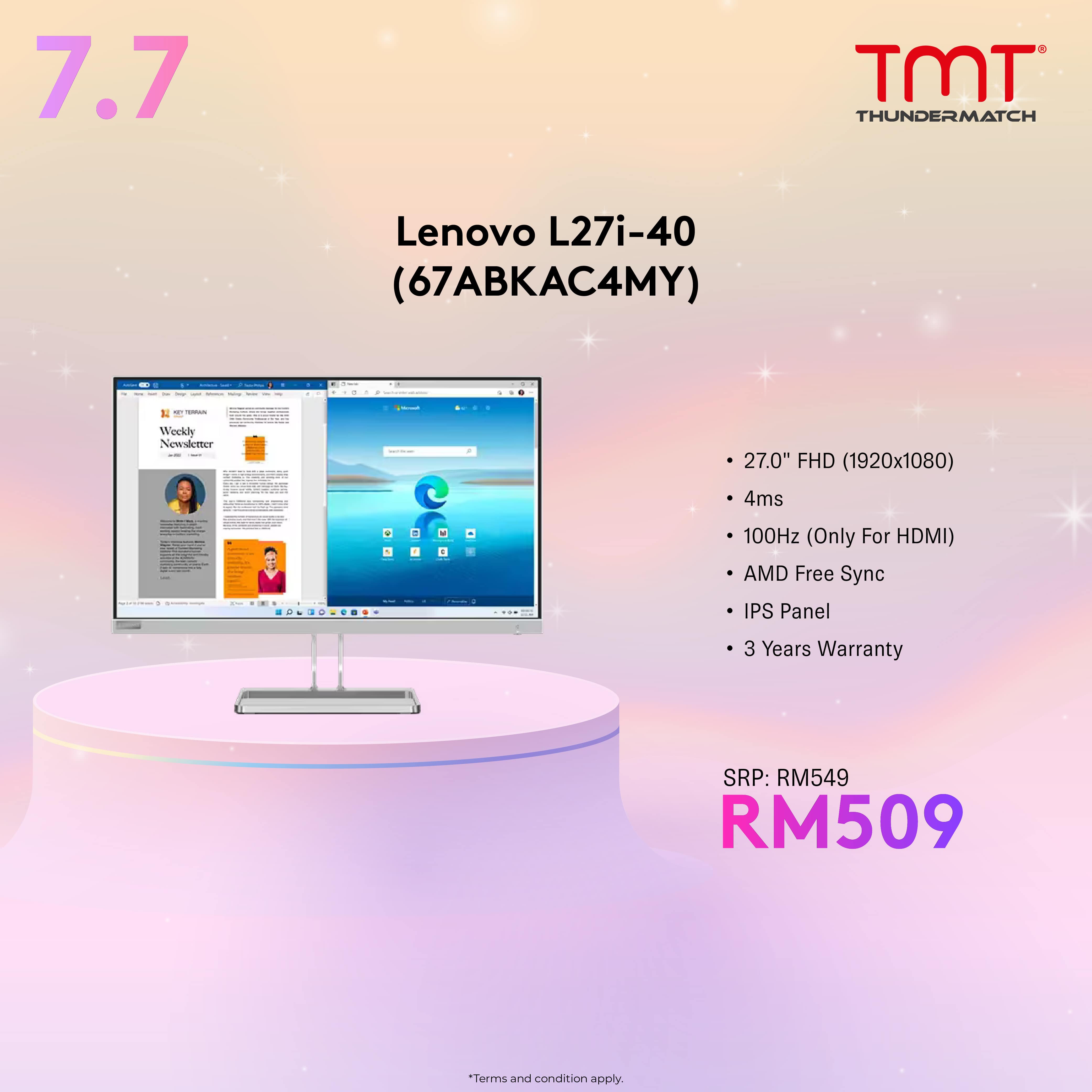 Destockage Noël : Lenovo L27i-4B - Écran 27'' FHD (IPS, 100 Hz, 4 Ms, VGA+ HDMI, Câble HDMI) - Gris Pas Cher