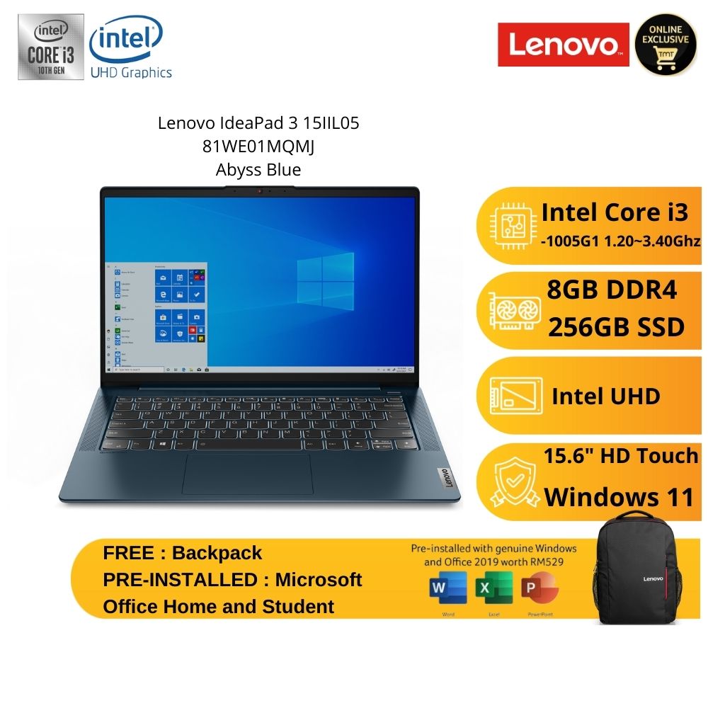 Lenovo IdeaPad 3 15IIL05 81WE01MQMJ Laptop i3-1005G1 | 8GB RAM 256GB SSD | 15.6" HD Touch | W11