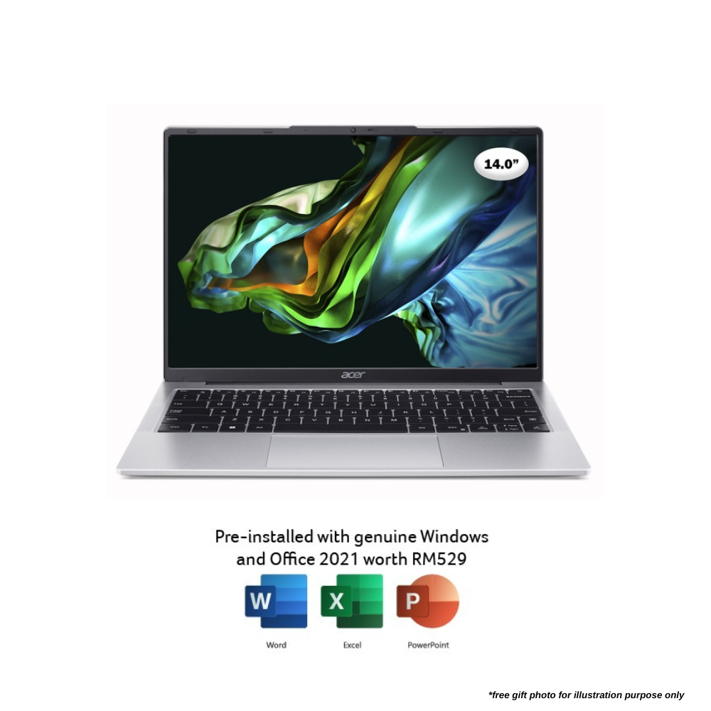 Acer Aspire Lite 14 AL14-31P-3216 Laptop (Pure Silver) | i3-N300 | 8GB RAM 512GB SSD | 14" WUXGA | Intel UHD Graphics | MS Office H&S | Win11 | 2Y Warranty