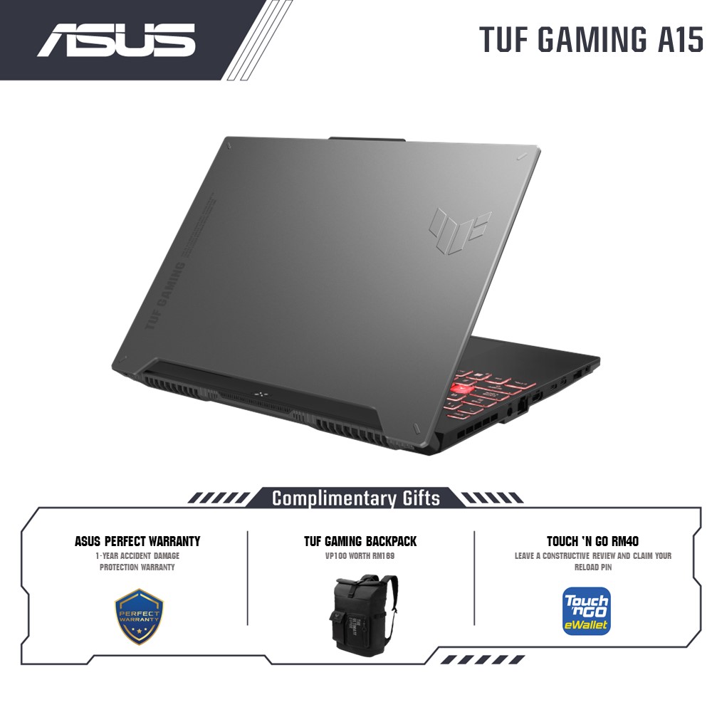 ASUS TUF Gaming A15 FA507N-ULP138W Gaming Laptop (Jaeger Gray) | AMD Ryzen 5-7535HS | 16GB RAM 512GB SSD | 15.6''FHD (144Hz) | NVD RTX4050 6GB | Win11 | 2Y Warranty (TUF Backpack)