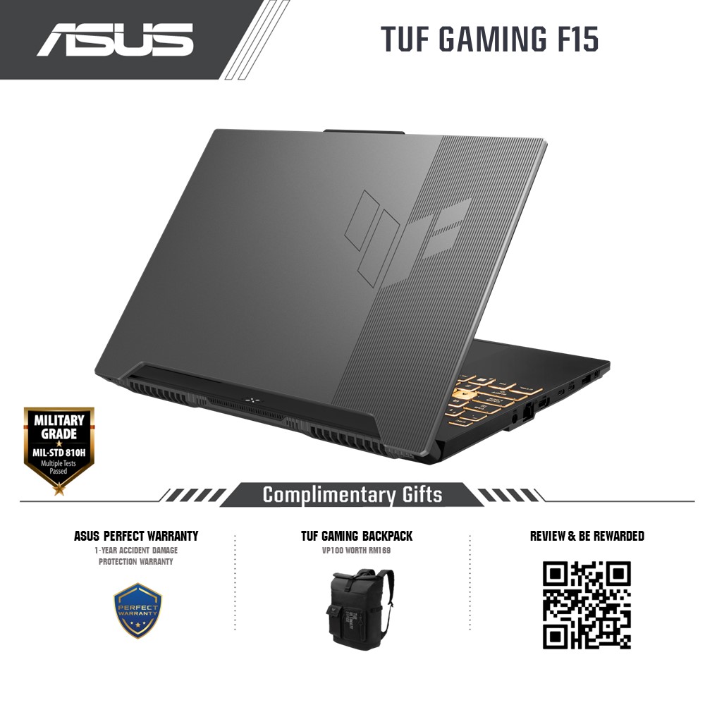 Asus TUF Gaming F15 FX507Z-C4HN223W Gaming Laptop (Mecha Gray) | i7-12700H | 8GB RAM 512GB SSD | 15.6"FHD (144Hz) | RTX3050 4GB | Win11 | 2Y Warranty (TUF BackPack)