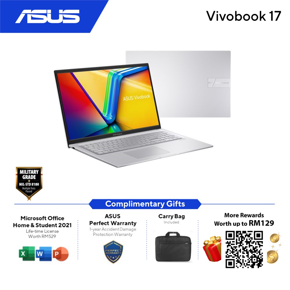 Asus VivoBook A1704V-AAU233WS Laptop (Cool Silver) i7-1355U | 16GB RAM 512GB SSD | 17.3" FHD | Intel Iris Xe | MS Office H&S 2021 | Win11 | 2Y Warranty (Carry Case)