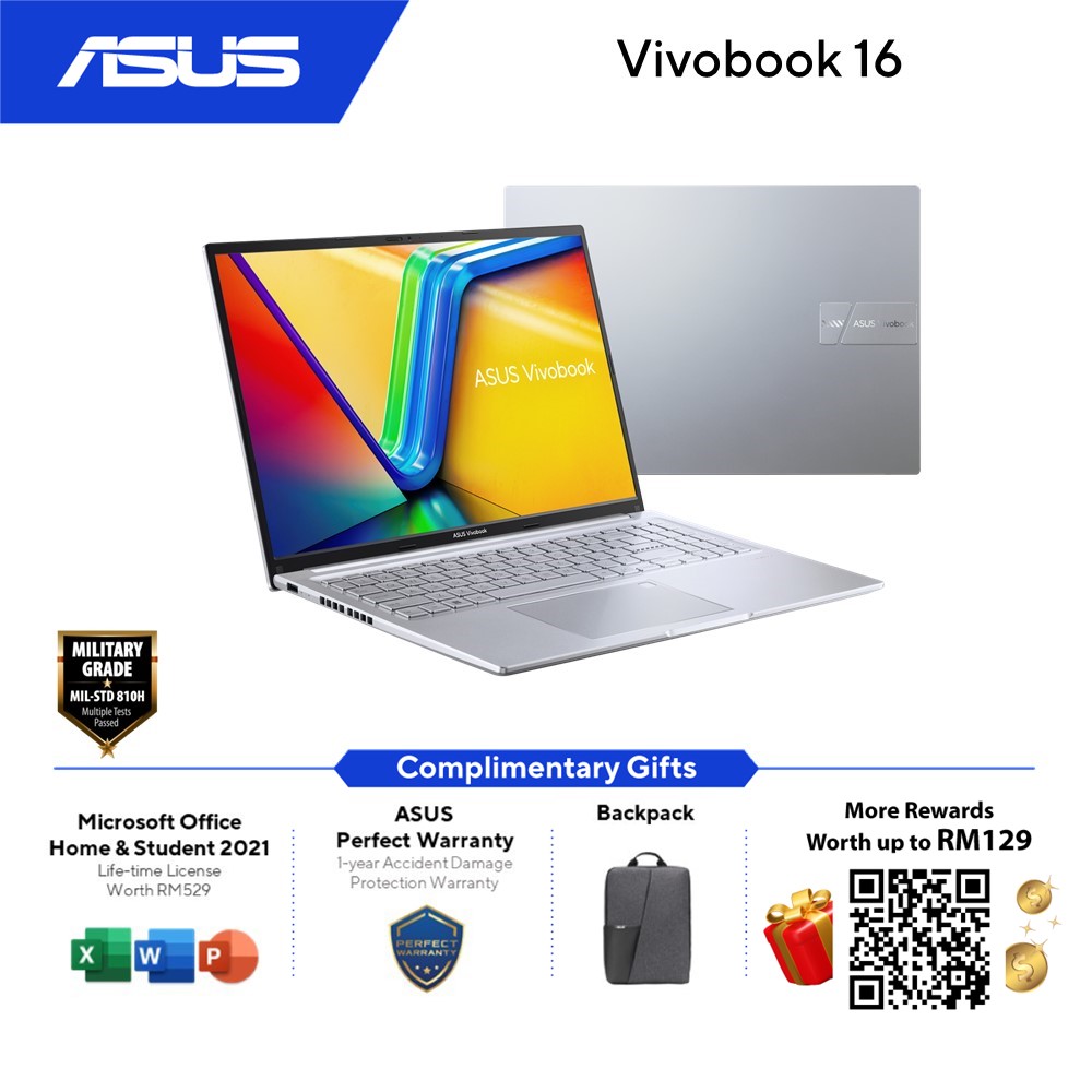 Asus VivoBook M1605Y-AMB510WS/AMB511WS Laptop (Cool Silver/Indie Black) | AMD Ryzen 5-7530U | 16GB RAM 512GB SSD | 16.0"WUXGA | AMD Share | MS Office H&S | Win11 | 2Y Warranty