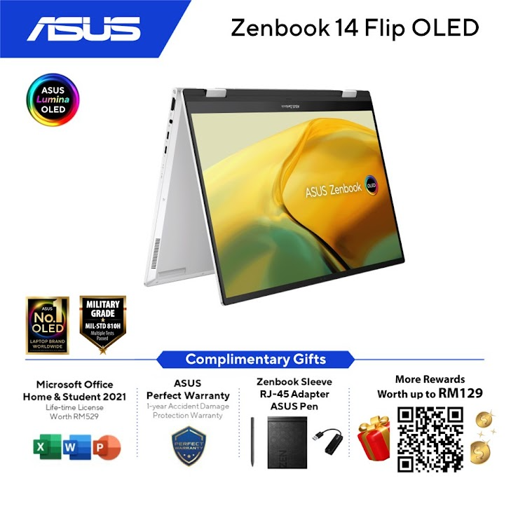 Asus Zenbook 14 Flip OLED UP3404V-AKN181WS 2 in 1 Laptop (Foggy Silver) | Intel EVO Core i7-1360P | 16GB RAM 512GB SSD | 14.0" 2.8K (2880x1800) OLED Touch 90Hz | Intel Iris Xe | MS Office H&S 2021 | Win11 | 2Y Warranty (Sleeve+Asus Pen+USB-A to RJ45)