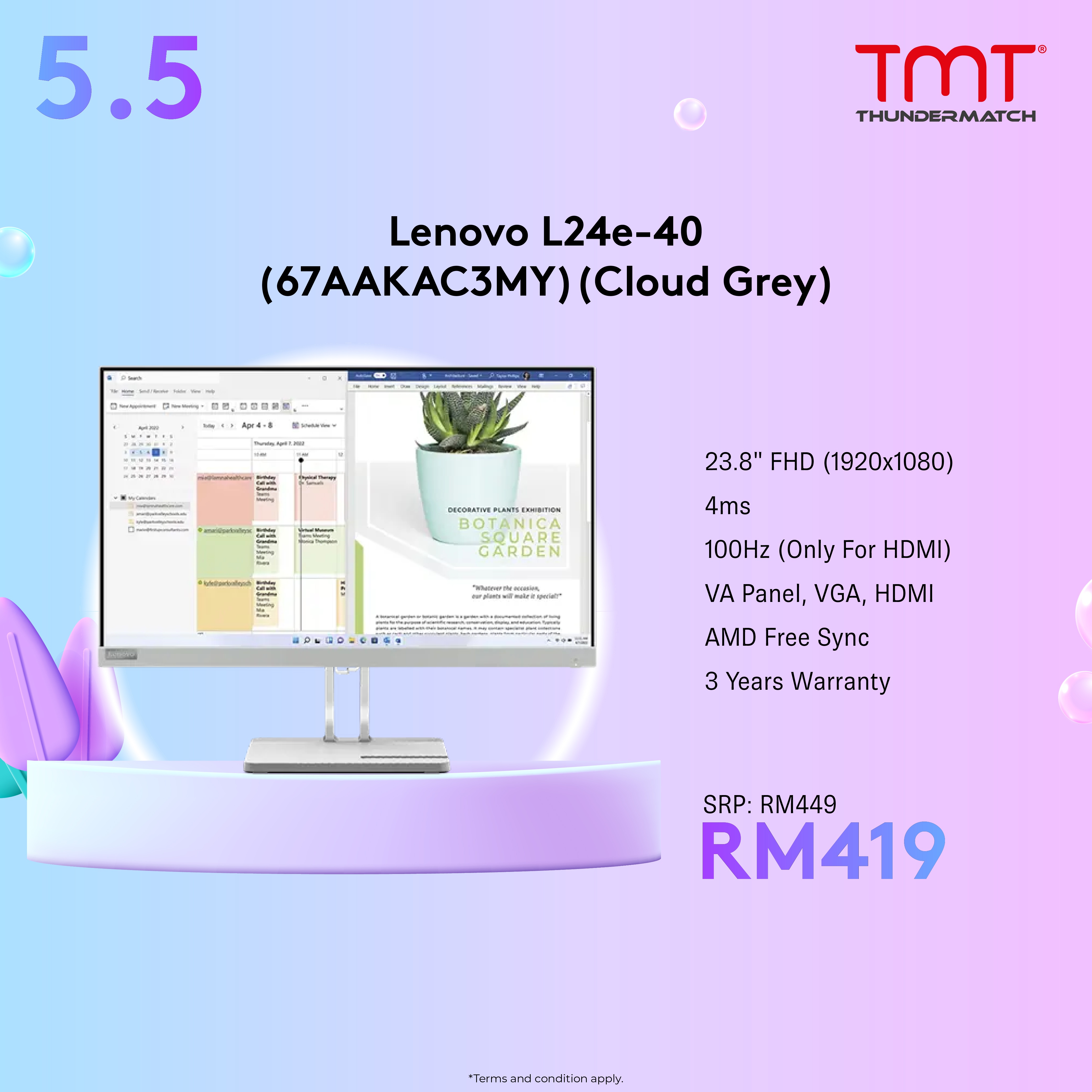 Lenovo L24e-40 Monitor (67AAKAC3MY) (Cloud Grey) | 23.8" | 4ms | 100Hz (Only For HDMI) | FHD(1920x1080) | VA Panel | VGA & HDMI | AMD Free Sync | VESA (100mm) | 3Y Warranty