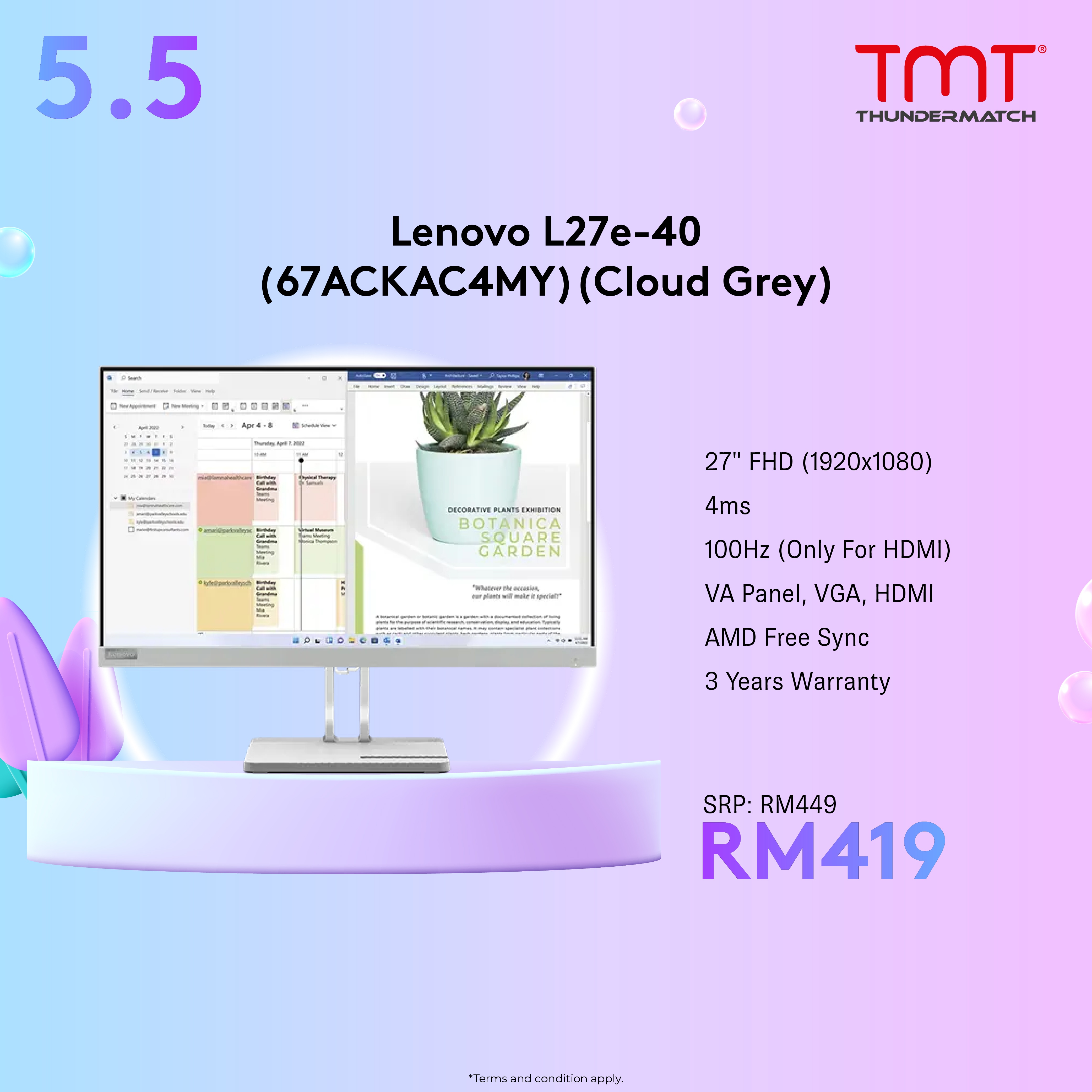 Lenovo L27e-40 Monitor (67ACKAC4MY)(Cloud Grey) | 27" | 4ms | 100Hz (Only For HDMI) | FHD(1920x1080) | VA Panel | VGA & HDMI | AMD Free Sync | VESA (100mm) | 3Y Warranty