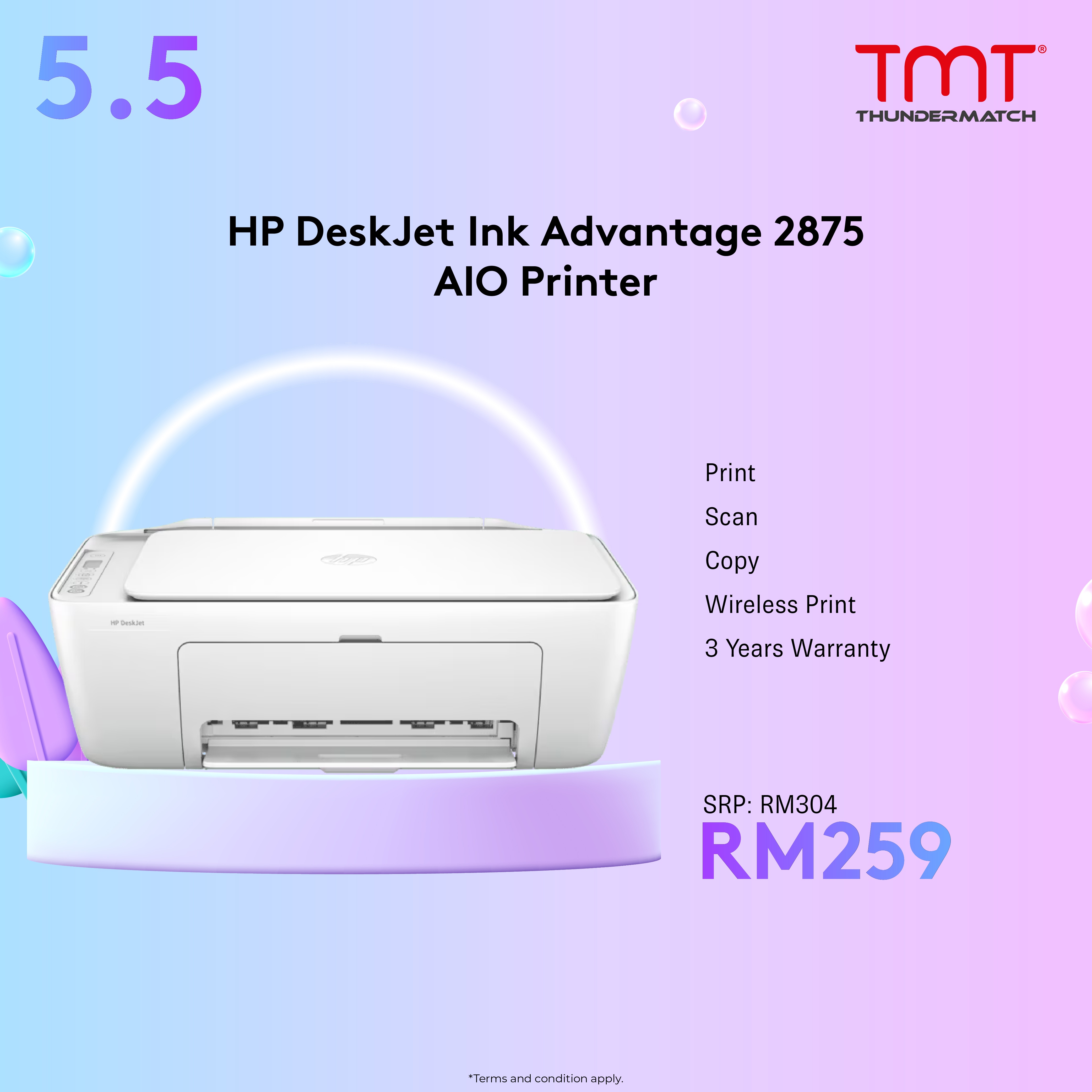 HP DeskJet Ink Advantage 2875 AIO Printer | Wireless Print & Scan & Copy | 7.5ppm(B),5.5ppm(C) | HP 682(B),682(C) ink | 3Y Warranty